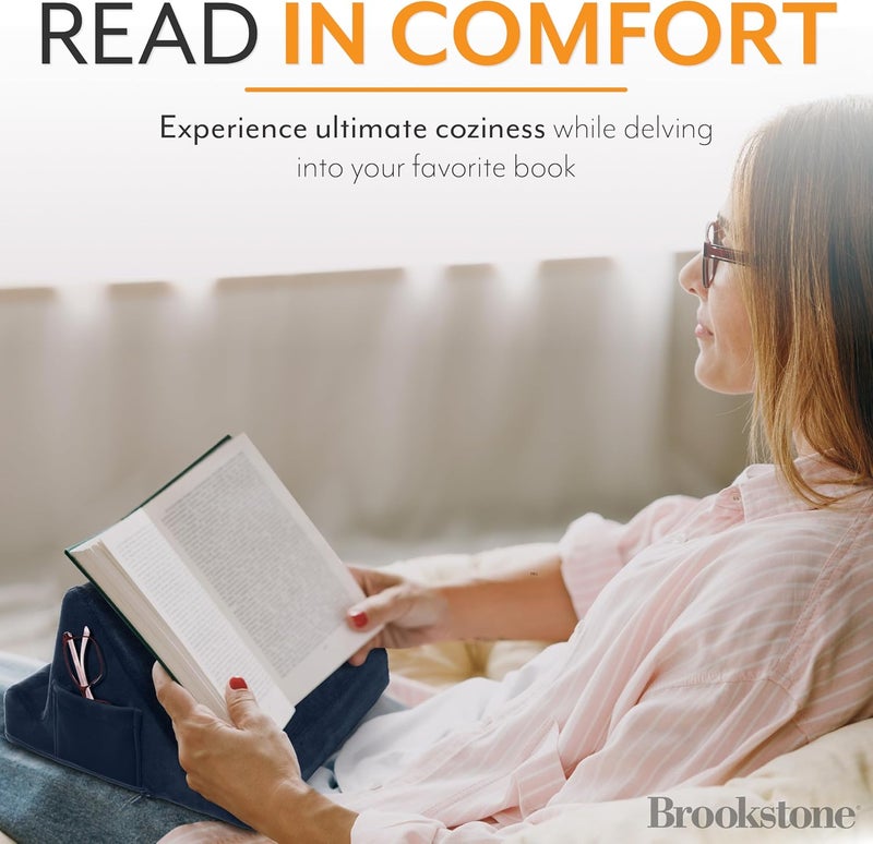 Brookstone , Memory Foam Lap Desk Tablet Holder, Holds Phones, iPads, E-Book Readers, 2 Viewing Angles, 2 Side Pockets for Accessories, Book Holder Cushion, Perfect Home, Car Travel, Flights, Blue - Image 4